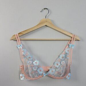 For Love & Lemons Aurora Underwire Bra XS Pink Blue Floral Applique Designer 38